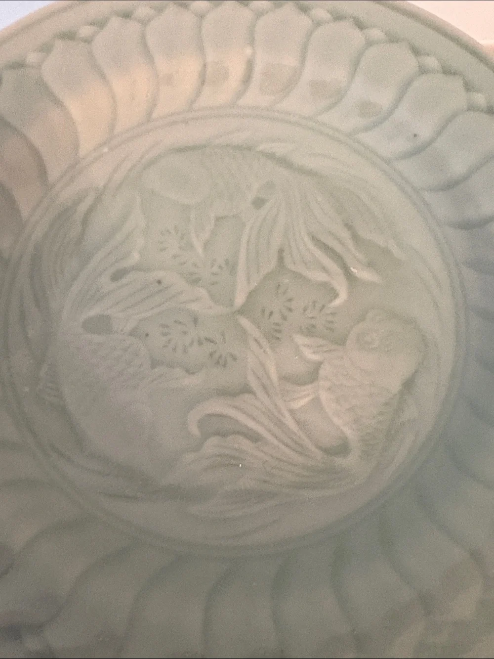 Vintage Celadon Green Embossed Ceramic Shallow Bowls w Koi Design - Set of 6